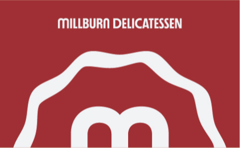 Millburn Delicatessen Logo with pickle chip "M" rising from bottom, shown half