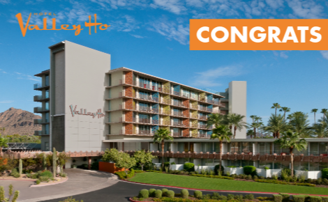 hotel exterior; text says "Congrats"