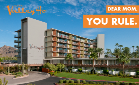 hotel exterior; text says "Dear Mom, You Rule."