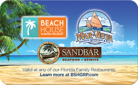 Gift Card  image showing for valid use at Beach House, Mar Vista, and Sandbar
