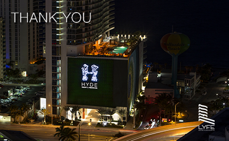 eGift card image of the exterior of the hotel at night with the text 