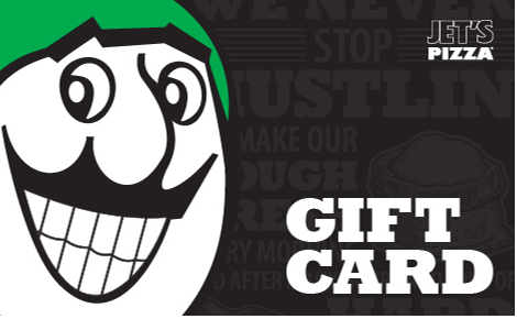 Large image of the Jet Man's face is on the left-hand side. The upper right corner features the Jet's Pizza logo, and the lower right corner says "Gift Card".