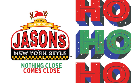 Holiday Ho Ho Ho with Jason's Logo on left, Santa hat with antlers on top of logo