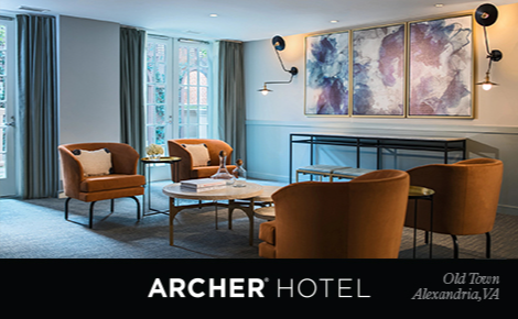 eGift card image of a hotel suite and the Archer Hotel Old Town Alexandria logo