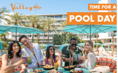 group of friends at the OH Pool; text says "Time for a Pool Day"