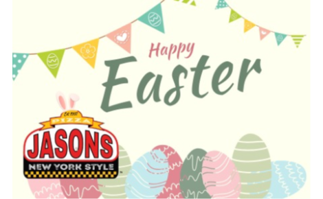 Easter eggs with happy easter written in center. Jasons logo with bunny ears and a hidden bunny in the logo
