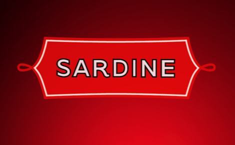 Sardine logo, red with white letters, on a moody gradient red and black background 