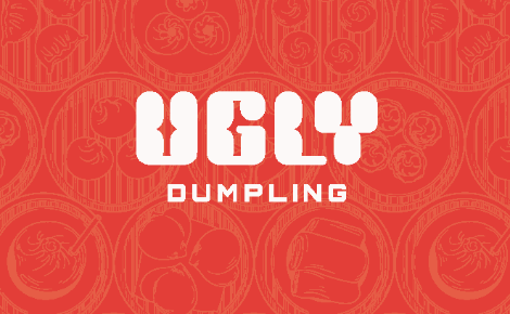 White Ugly Dumpling logo in the center of a red background with open dim sum steamers lightly traced.