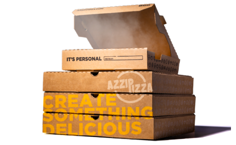 A stack of pizza boxes on the front of a gift card.