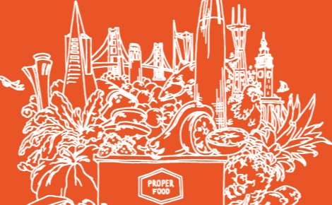 Proper Food store with fruit and San Francisco skyline