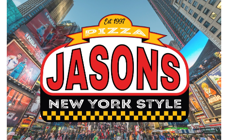 Jason's logo large in center with Times Square at disk in background