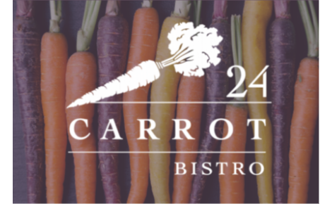 Colorful rainbow carrot background with white color logo that reads 