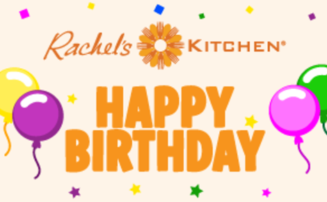Birthday gift card featuring the Rachel's Kitchen logo at the top, the words 'HAPPY BIRTHDAY' in large orange letters at the center, colorful balloons on both sides, and multicolored confetti stars on a light beige background.