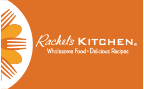 Orange gift card featuring the Rachel's Kitchen logo and the tagline 'Wholesome Food • Delicious Recipes' in white, with a partial orange-and-white flower graphic along the left edge.