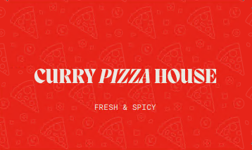 curry pizza house gift card design with logo on red background