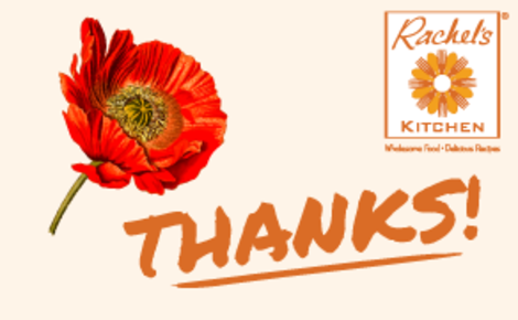 Thank you gift card featuring a large red-orange flower on the left, the Rachel's Kitchen logo in the upper right, and the word 'THANKS!' in large orange handwritten-style lettering across the bottom on a light beige background.