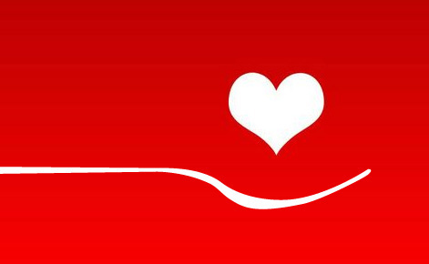 Image of an outline of a fork and heart in white on a red background