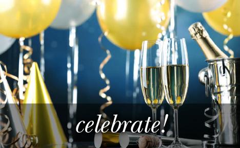 Image of champagne glasses, balloons and streams with the text 