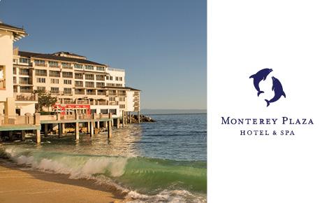 Monterey Plaza Gift Card image with external shot of beach and hotel with the Monterey Logo