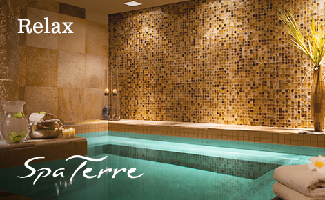 Gift card image of the spa with the text “Relax” and the  Spa Terre logo