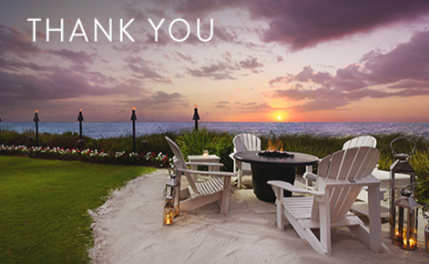Gift card image of the outside seating area at sunset with the text 