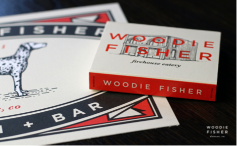 eGift card image of a beermat and matches with the Woodie Fisher Kitchen & Bar logo