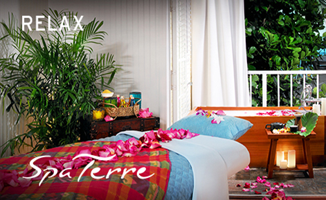 Gift card image of the spa with the text “Relax” and the Spa Terre logo