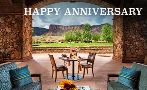 eGift card image of the outside seating area with the text “Happy Anniversary” 