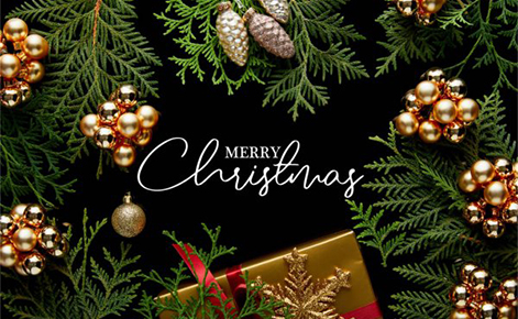 Gift card image of Christmas tree branches with lights and a gift  with the text “Merry Christmas”
