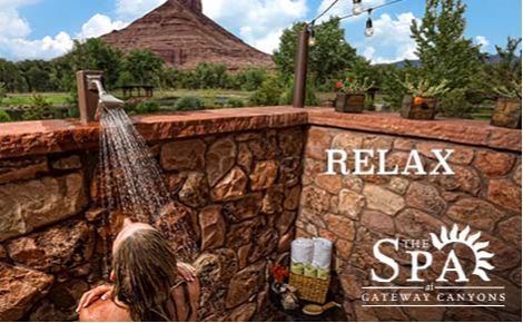 eGift card image of a lady enjoying the outdoor spa shower with the text “Relax” and The Spa at Gateway Canyons logo