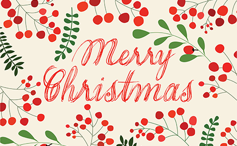 Gift card image of holly and berries with the text “Merry  Christmas”