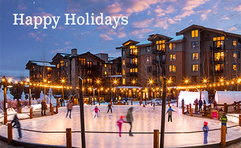 Gift card image of ice rink at night with the text “Happy  Holidays”