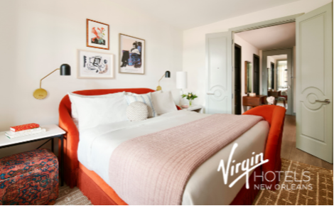 eGift card image of the King Room with the Virgin Hotels New Orleans logo
