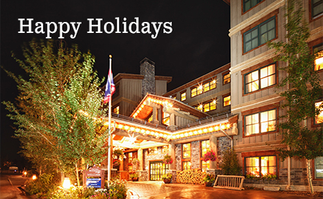 Gift card image of the exterior of the hotel with the text “Happy Holidays”
