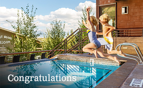 Gift card image of two children jumping into the pool with the text “Congratulations”