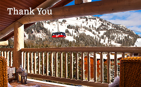 Gift card image of the view from a room balcony looking  out across the mountains with the text “Thank You”