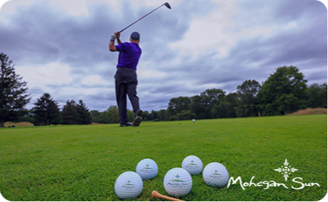 eGift card image of a golfer teeing off with the Mohegan Sun logo