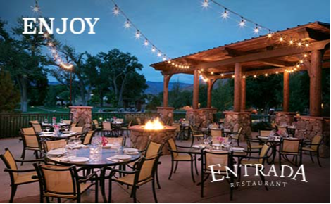 eGift card image of the outside seating area at the restaurant with the text “Enjoy” and the Entrada Restaurant logo