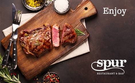 Gift card image of a steak from the restaurant with the text  “Enjoy” and the Spur Restaurant and & Bar logo