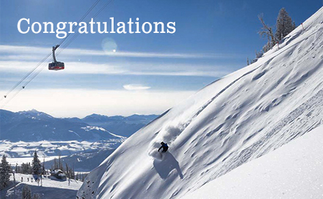 Gift card image of snowboarder coming down the mountain with a cable car in the background with the text “Congratulations”