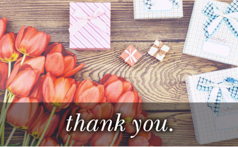 eGift card image of tulips and various sized gifts with the text 