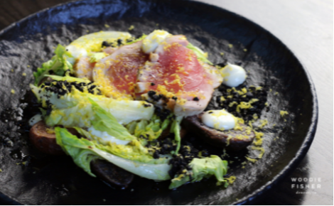 eGift card image of the tuna with the Woodie Fisher Kitchen & Bar logo