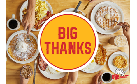 Text: Big Thanks
Background Image: Breakfast foods including a biscuit, a waffle, a pancake, scrambled eggs and bacon