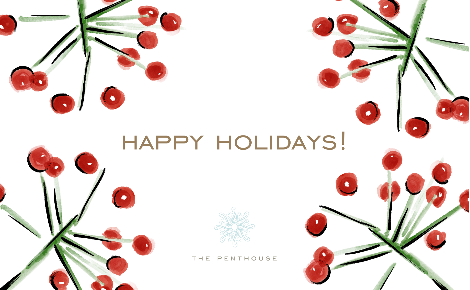 Happy Holidays Gift Card with mistletoe and The Penthouse Logo bottom center