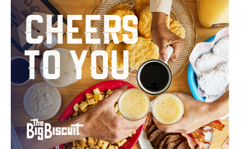 Text: Cheers to you
Background image: hands cheering glasses of orange juice and coffee over breakfast foods