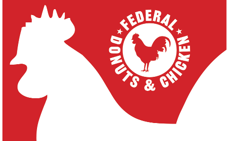 A large white rooster outline on a white background with a Federal Donuts & Chicken logo.