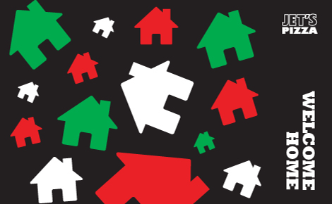On a black background are green, white, and red houses. The Jet's Pizza logo is in the upper right corner. The message 