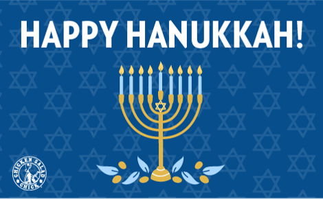 Happy Hanukkah with blue background and gold menorah