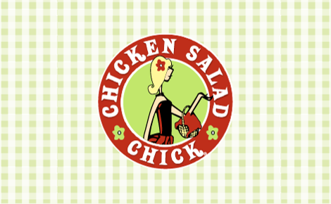 Chicken Salad Chick logo over green and white gingham pattern. 