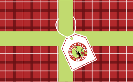 Red plaid gift card with Chicken Salad Chick logo gift tag